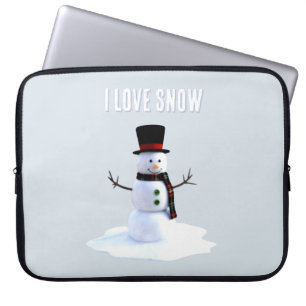 Housse Pour Ordinateur Portable Bonhomme de neige avec chapeau et écharpe. J'aime