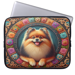 Housse Pour Ordinateur Portable Bordure colorée florale de chien de Poméranie élég