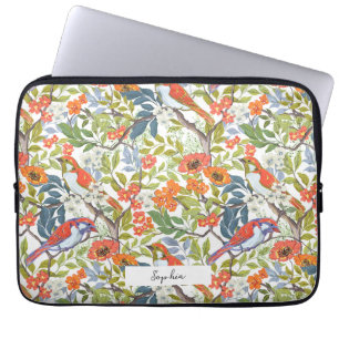 Housse Pour Ordinateur Portable Branches de jardin avec fleurs Feuilles et oiseaux