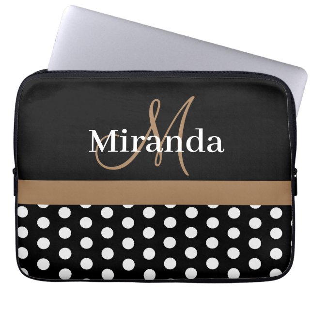 Housse Pour Ordinateur Portable Brown Monogramme noir blanc Polka point (Devant)