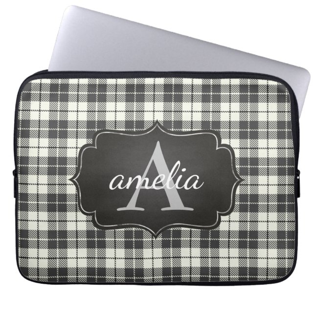 Housse Pour Ordinateur Portable Buffalo Plaid Chic Monogramme Nom Ivoire Noir (Devant)