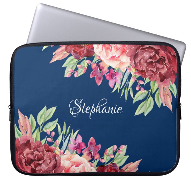 Housse Pour Ordinateur Portable Burgundy Blush Floral Nom personnalisé Marine Bleu (Devant)