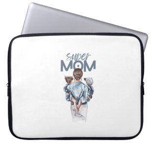 Housse Pour Ordinateur Portable Cadeau personnalisé de Super Maman avec fils et fi