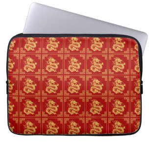 Housse Pour Ordinateur Portable Cadres d'ornement grec Motif de dragon d'or rouge