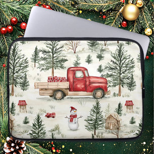 Housse Pour Ordinateur Portable Camion rouge avec cadeaux et bonhomme de neige