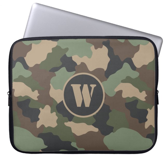 Housse Pour Ordinateur Portable Camouflage Bois Camo Kaki Tan Noir Monogramme (Devant)