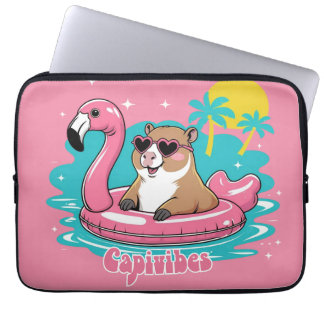 Housse Pour Ordinateur Portable Capivara Estilosa no Verão com Boia Rosa