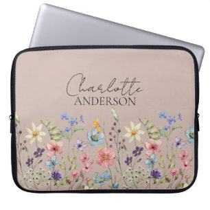 Housse Pour Ordinateur Portable Cappuccino Aquarelle Nom du Fleur sauvage Monogram