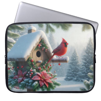 Housse Pour Ordinateur Portable Cardinal d'hiver sur une maison d'oiseaux festive