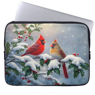 Housse Pour Ordinateur Portable Cardinaux rouges et Holly en neige