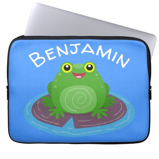 Housse Pour Ordinateur Portable Caricature de grenouille verte joyeux et souriante (Devant)
