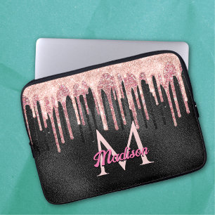 Housse Pour Ordinateur Portable Carnet monogramme noir à goutte noire rose chic