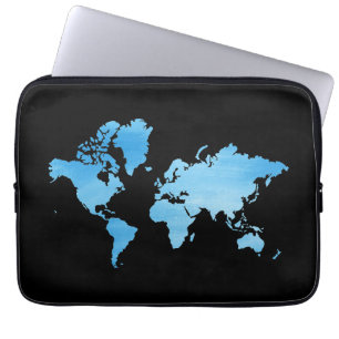 Housse Pour Ordinateur Portable Carte du monde bleue minimale Art aquarelle