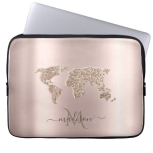 Housse Pour Ordinateur Portable Carte du monde pailletée de voyage Monogramme or r