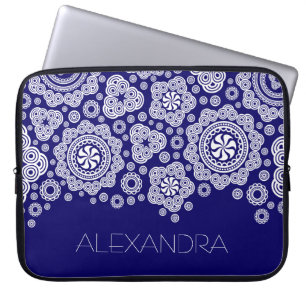 Housse Pour Ordinateur Portable Cercles d'organisation rétro blanc et bleu-Monogra