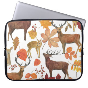 Housse Pour Ordinateur Portable Cerfs, feuilles d'automne : motif d'aquarelle.
