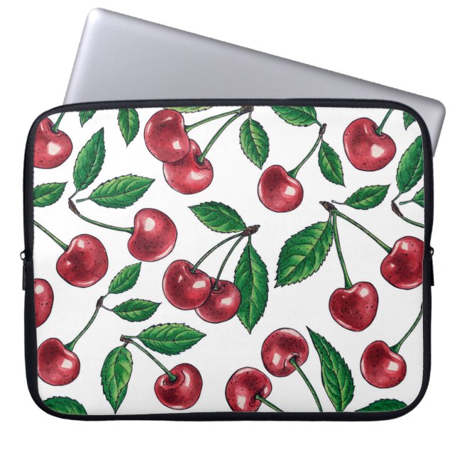 Housse Pour Ordinateur Portable Cerises rouges sur blanc (Devant)