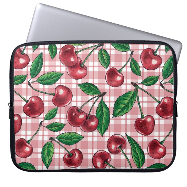 Housse Pour Ordinateur Portable Cerises rouges sur en vichy rose (Devant)