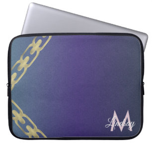 Housse Pour Ordinateur Portable Chaîne dorée paillettes bleu violet monogrammée
