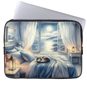 Housse Pour Ordinateur Portable Chambre côtière au clair de lune avec chat endormi