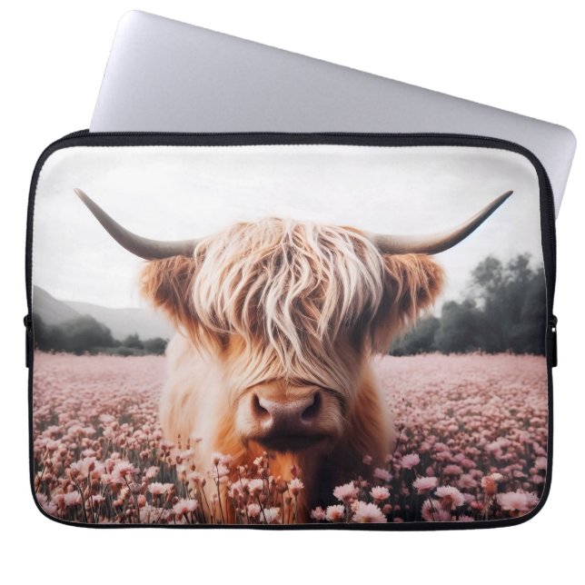 Housse Pour Ordinateur Portable Champ de Fleur sauvage écossais Highland Cow (Devant)