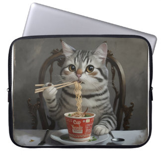 Housse Pour Ordinateur Portable Chat À Rayures Profitant Des Nouilles De Coupe