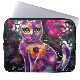 Housse Pour Ordinateur Portable Chat Abstrait floral blanc Kitty noir rose