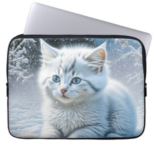 Housse Pour Ordinateur Portable Chat blanc mignon jouant dans la neige