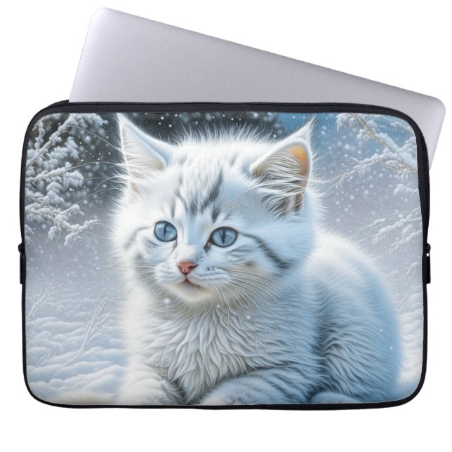 Housse Pour Ordinateur Portable Chat blanc mignon jouant dans la neige (Devant)