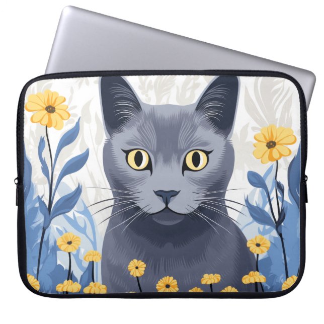 Housse Pour Ordinateur Portable Chat Bleu Russe Fleurs Jaunes (Devant)