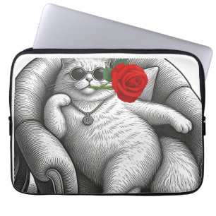 Housse Pour Ordinateur Portable Chat Chonky Cool avec Rose Rouge Art de Croquis Vi