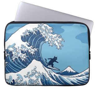 Housse Pour Ordinateur Portable Chat Drôle Faisant du Surf sur la Grande Vague au