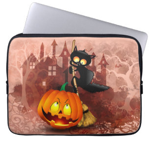 Housse Pour Ordinateur Portable Chat effrayé par Citrouille Fun Halloween caractèr