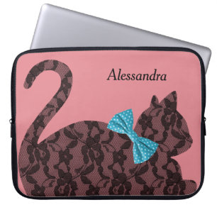 Housse Pour Ordinateur Portable Chat en dentelle Silhouette rose personnalisée