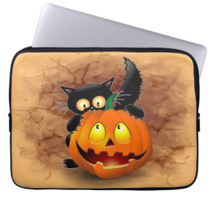Housse Pour Ordinateur Portable Chat Fun Halloween Caractère mordant un Citrouille