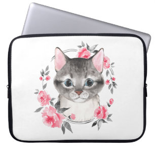 Housse Pour Ordinateur Portable Chat gris avec des fleurs. Aquarelle