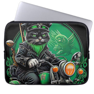 Housse Pour Ordinateur Portable Chat noir conduisant un vélo la Saint-Patrick