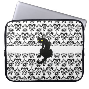Housse Pour Ordinateur Portable CHAT NOIR DAMASK noir blanc