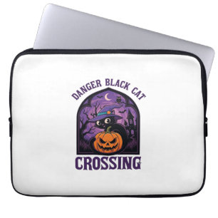 Housse Pour Ordinateur Portable Chat Noir Dangereux qui Traverse Halloween Citroui