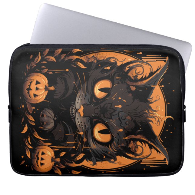 Housse Pour Ordinateur Portable Chat noir d'Halloween avec Citrouilles et lune (Devant)