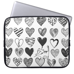 Housse Pour Ordinateur Portable Chat noir et blanc et Motif de coeur