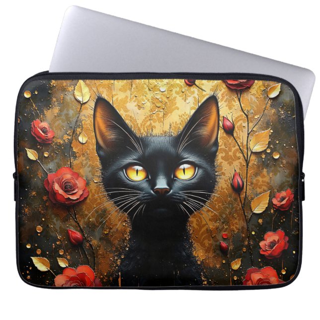 Housse Pour Ordinateur Portable Chat noir et roses (Devant)