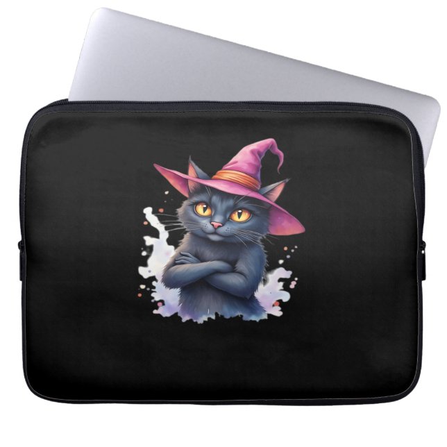 Housse Pour Ordinateur Portable Chat noir mignon en sorcier Casquette - Halloween  (Devant)