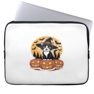 Housse Pour Ordinateur Portable Chat Smoking Élégant Halloween Sorcière Citrouille