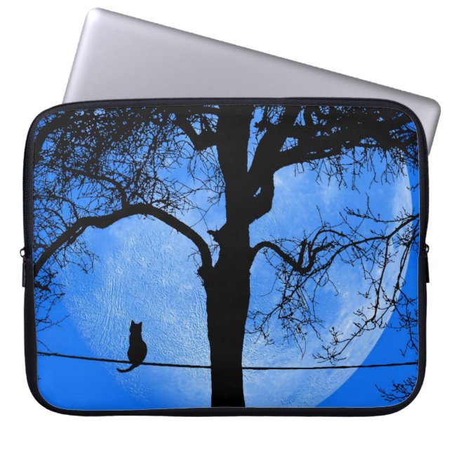 Housse Pour Ordinateur Portable Chat sur une lune bleue fil (Devant)