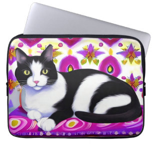 Housse Pour Ordinateur Portable Chat Tuxedo noir et blanc sur un coussin