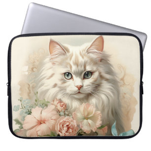 Housse Pour Ordinateur Portable CHAT vintage FLUFY BLANC AVEC FLEURS