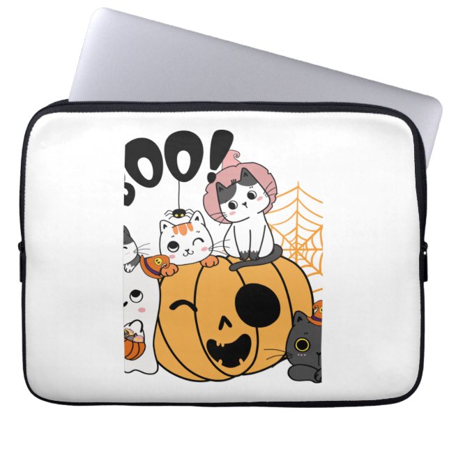 Housse Pour Ordinateur Portable Chats S'Amusant Sur Sticker Halloween (Devant)