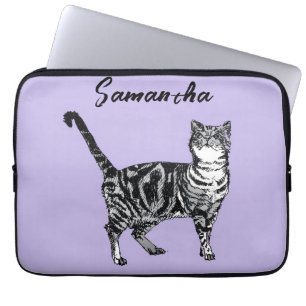 Housse Pour Ordinateur Portable Chatte tigrée noire et blanche Nom Violet