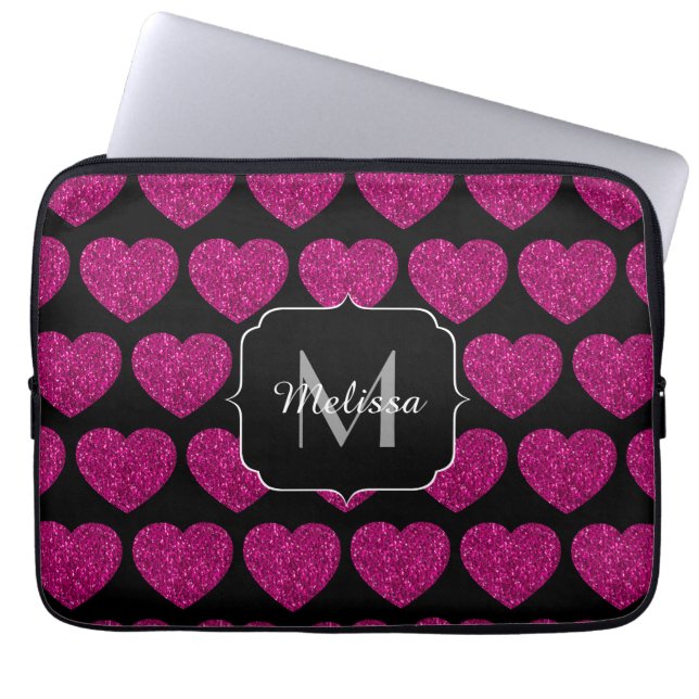 Housse Pour Ordinateur Portable Chaud coeur rose faux pétille motif Monogramme (Devant)